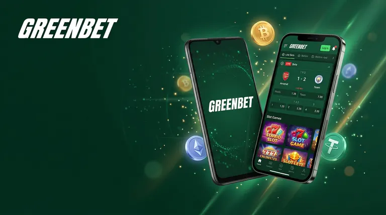 Aplikacja mobilna GREENBET na dwóch smartfonach z kursami meczów i automatami