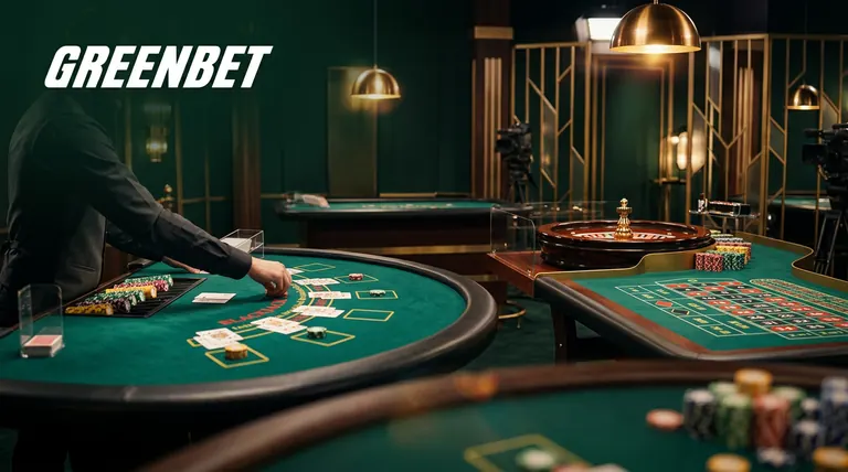 Stół do blackjacka i ruletka w studiu kasyna na żywo z logo GREENBET